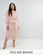 Truly You Victoriana Tiered Midi Dress In Dobby Lace - Pink