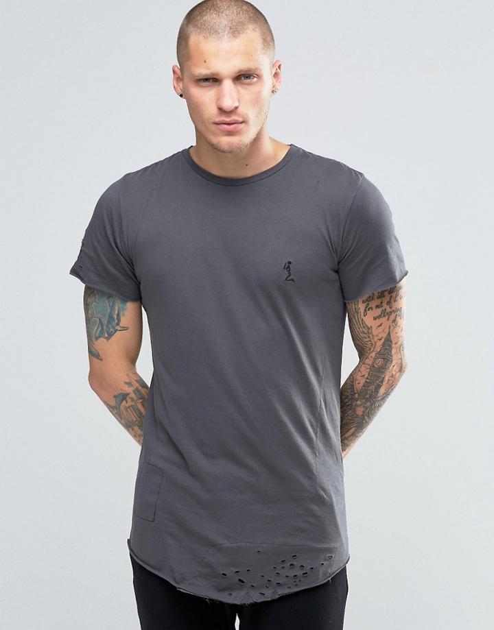 Religion Longline T-shirt With Curved Hem And Rip Detail - Gray