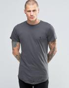 Religion Longline T-shirt With Curved Hem And Rip Detail - Gray