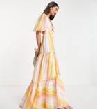 Asos Design Tall Tiered Voile Maxi Dress With Twist Front Detail In Stripe-multi