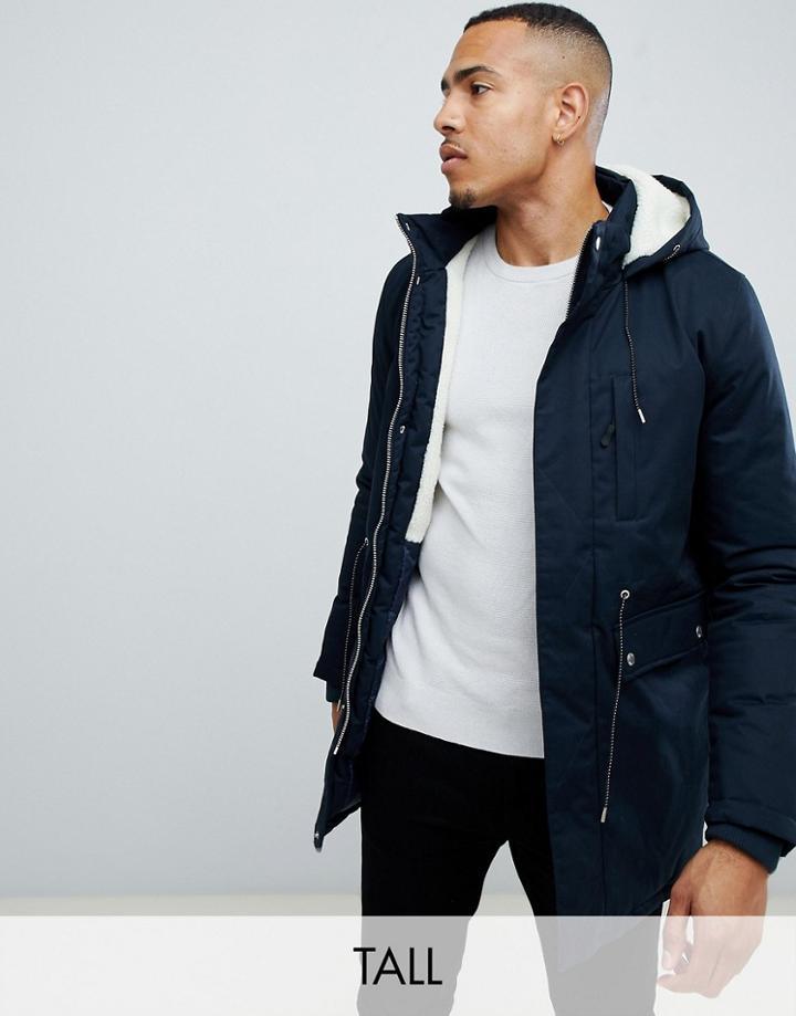 Bellfield Tall Fleece Lined Parka With Hood In Navy - Navy