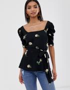 River Island Puff Sleeve Top With Belt In Floral Print