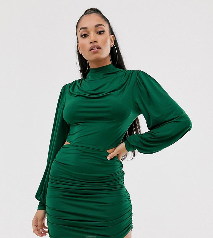 Asos Design Petite Drape Cowl Mini Dress With Tie Back And Cutout Detail-green