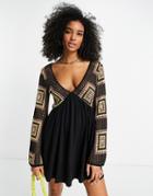 Asos Design Flare Sleeve Crochet Mini Dress In Black