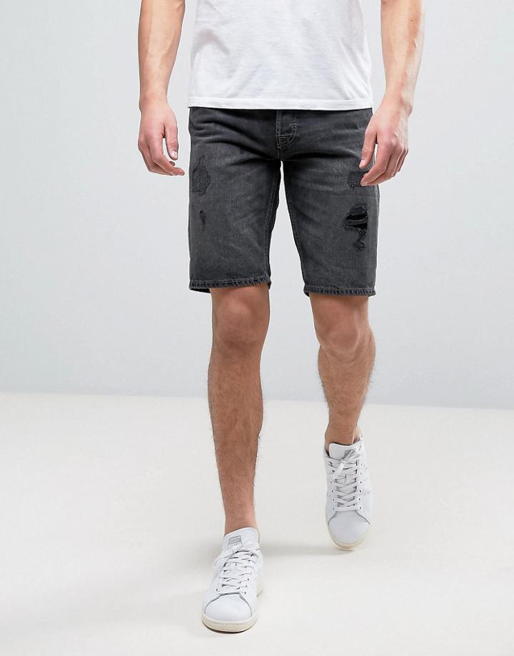 Jack & Jones Intelligence Denim Shorts With Distressing In Regular Fit - Black