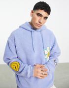 Asos Design Oversized Hoodie In Purple Teddy With Badges-blue