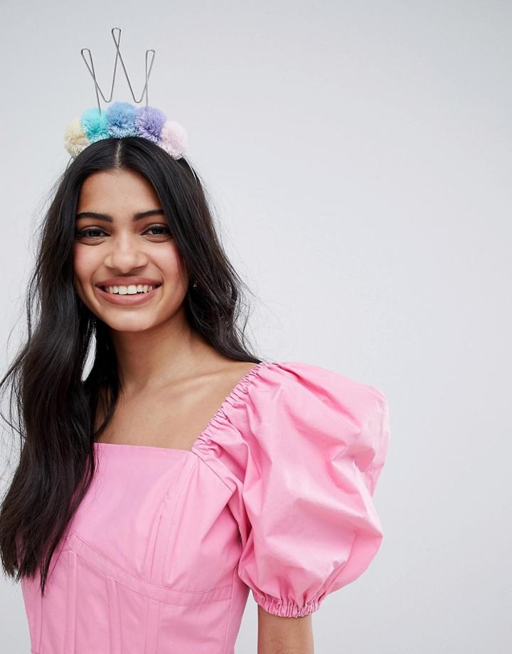 Asos Design Hen Pompom Crown Headband - Silver