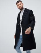 Asos Design Wool Mix Double Breasted Overcoat In Black - Black