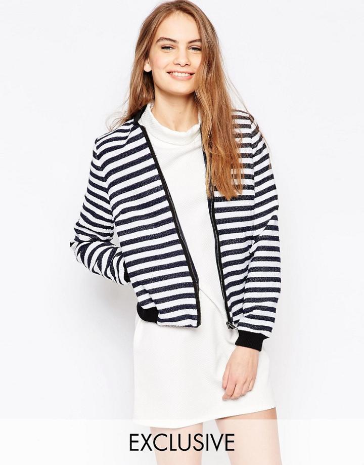 Helene Berman Navy & White Stripe Bomber Jacket