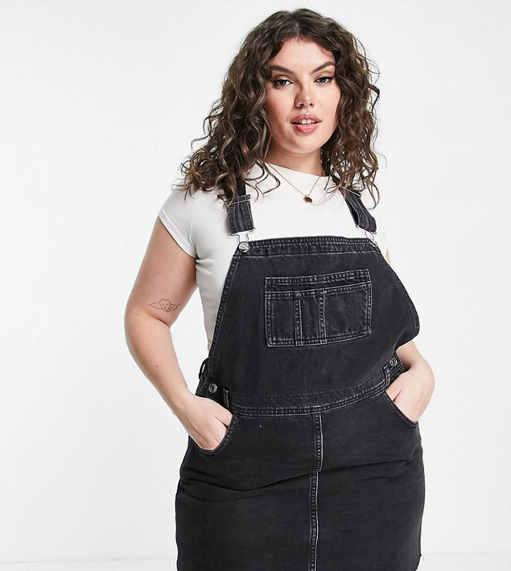 Asos Design Curve 'original' Denim Overall Pinny In Washed Black