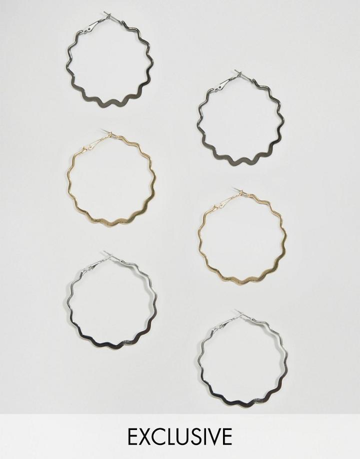 Designb London Mixed Metal Wave Hoop Multipack - Gold