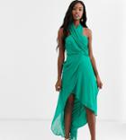 Asos Design Tall Midi Dress In Soft Chiffon Drape With Wrap Neck-green