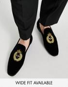 Asos Design Loafer In Black Velvet With Badge Detail