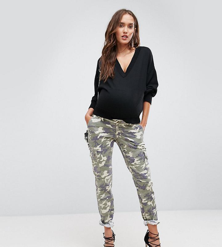 Bandia Maternity Over The Bump Cargo Pants With Removable Waistband - Beige