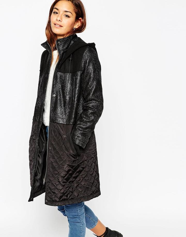 Asos Parka With Mixed Fabric - Black