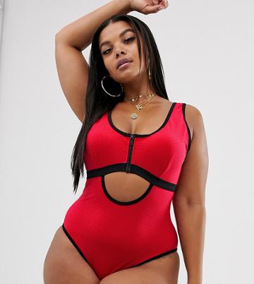 Wolf & Whistle Curve Exclusive Zip Cut Out Swimsuit In Red - Red
