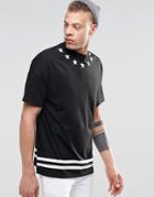 Asos Oversized T-shirt With Hem Stripe And Star Neck Print - Black