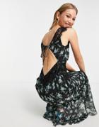 Asos Design Bias Cut Chiffon Maxi Dress With Applique Lace In Ditsy Print-multi