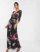 Little Mistress Long Sleeve V Neck Maxi Dress - Multi