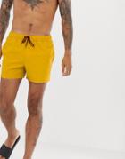 Asos Design Swim Shorts In Mustard With Burgundy Drawcord Short Length-yellow