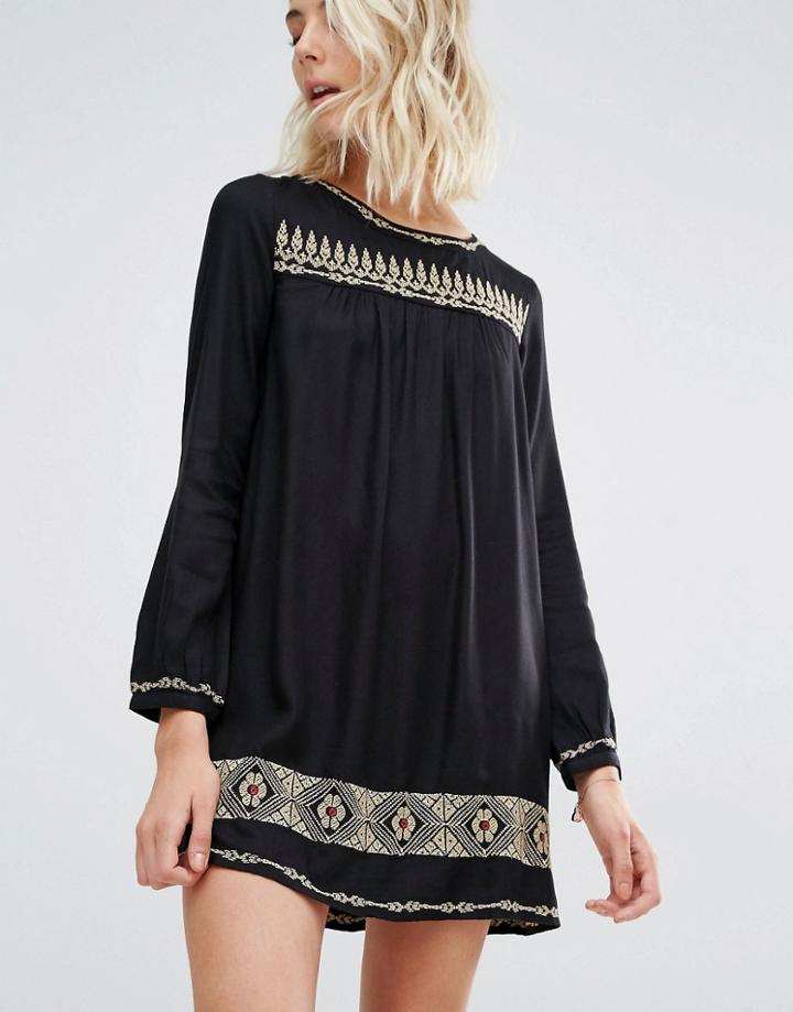 Gat Rimon Rene Long Sleeve Embroidered Mini Dress - Noir