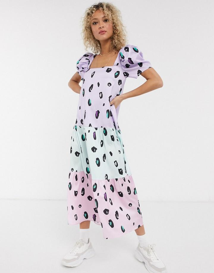 Liquorish Puff Sleeve A-line Midi Dress In Striped Animal Print-multi