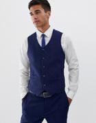Asos Design Wedding Skinny Suit Vest In Blue Wool Blend Herringbone - Blue