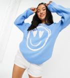Asos Design Petite Sweater With Face Pattern In Blue-blues