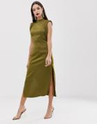 Asos Design Satin Midi Dress With Drape Armhole And Side Split - Green