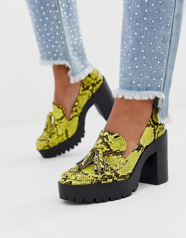 London Rebel Chunky Platform Shoes In Yellow Snake