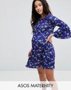 Asos Maternity Swing Dress With V Back And Frill In Floral - Multi