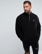 Asos Borg Oversized Half Zip Sweatshirt With Rose Embroidery - Black