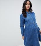Asos Design Maternity Denim Smock Shirt Dress In Midwash Blue