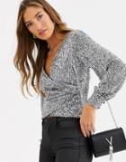 Fashion Union Balloon Sleeve Wrap Front Top In Allover Silver Sequin