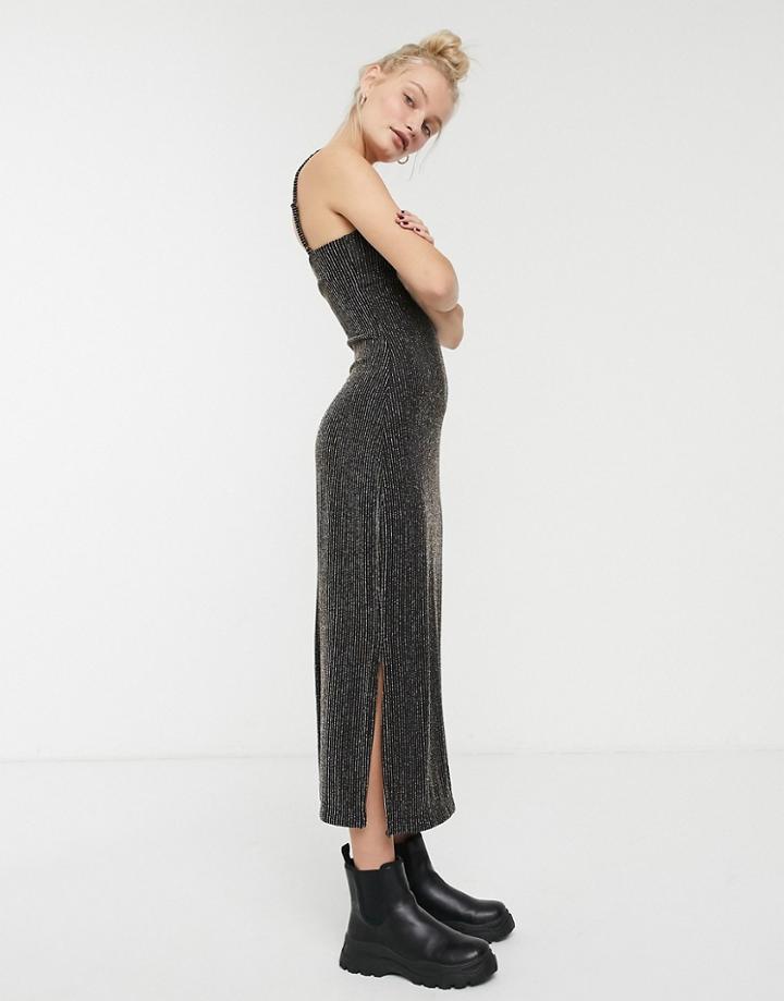 Monki Midi Cami Dress In Black Glitter-gold