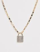 Asos Design Necklace With Crystal Padlock Pendant And Hardware Chain In Gold Tone - Gold