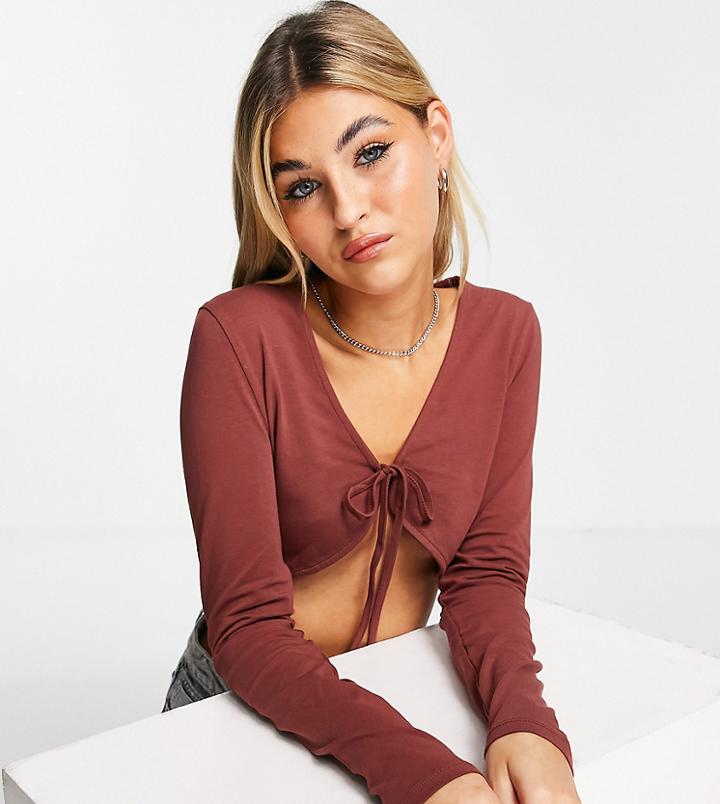 Noisy May Exclusive Tie Front Super Crop Top In Brown