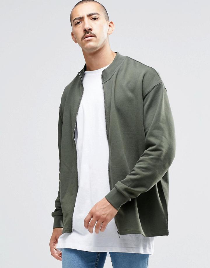 Asos Oversized Jersey Bomber Jacket In Khaki - Forest Nights