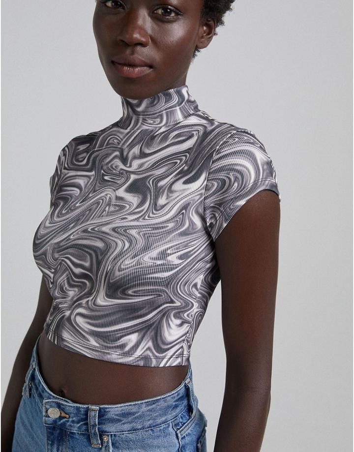 Bershka Retro Marble Print Crop Top In Black