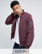 Asos Tall Bomber Jacket With Ma1 Pocket In Burgundy - Red