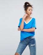 Asos T-shirt In Boyfriend Fit With Contrast V-neck - Blue