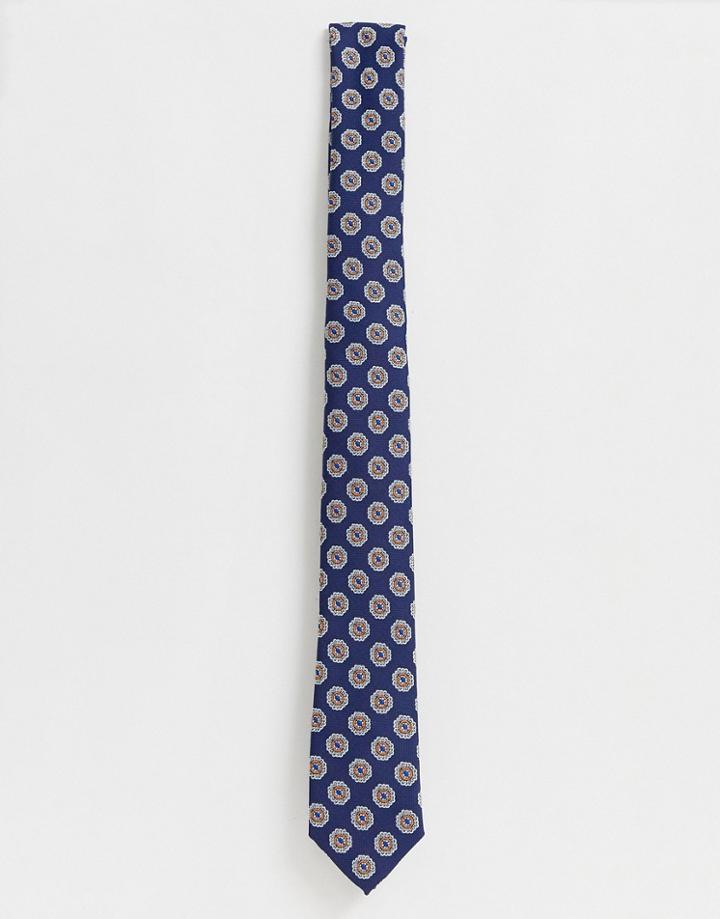 Asos Design Navy And Orange Geo Print Tie - Navy