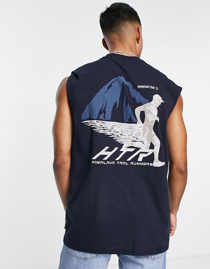 Only & Sons Oversized Tank Top With Mountain Trail Back Print In Navy