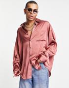Asos Design Oversized Satin Shirt With Dip Back Hem In Recycled Polyester In Dusky Pink - Pink