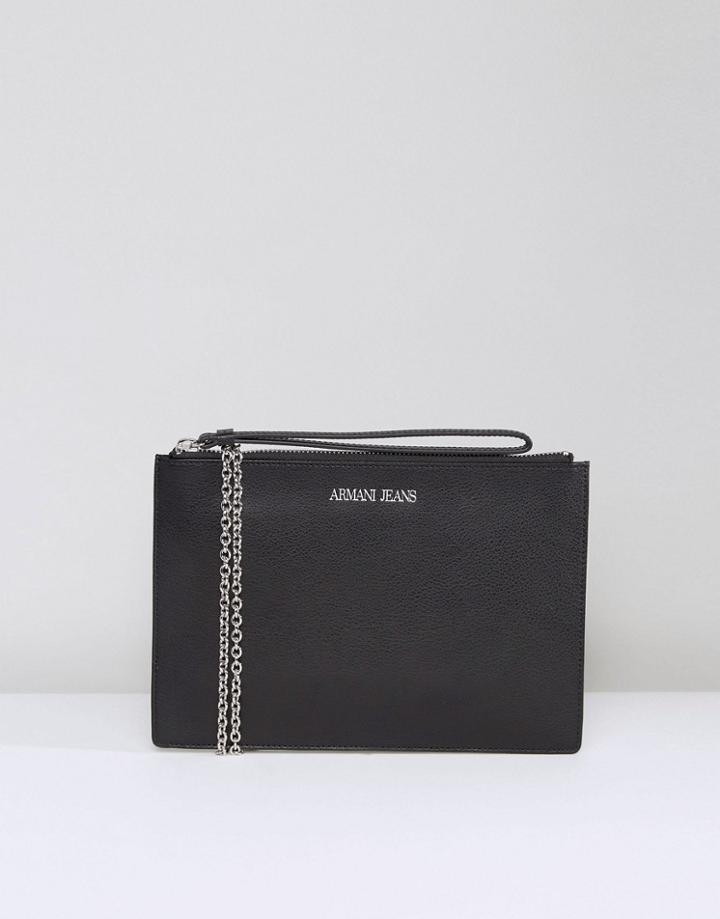 Armani Jeans Leather Zip Top Clutch Bag In Black - Black