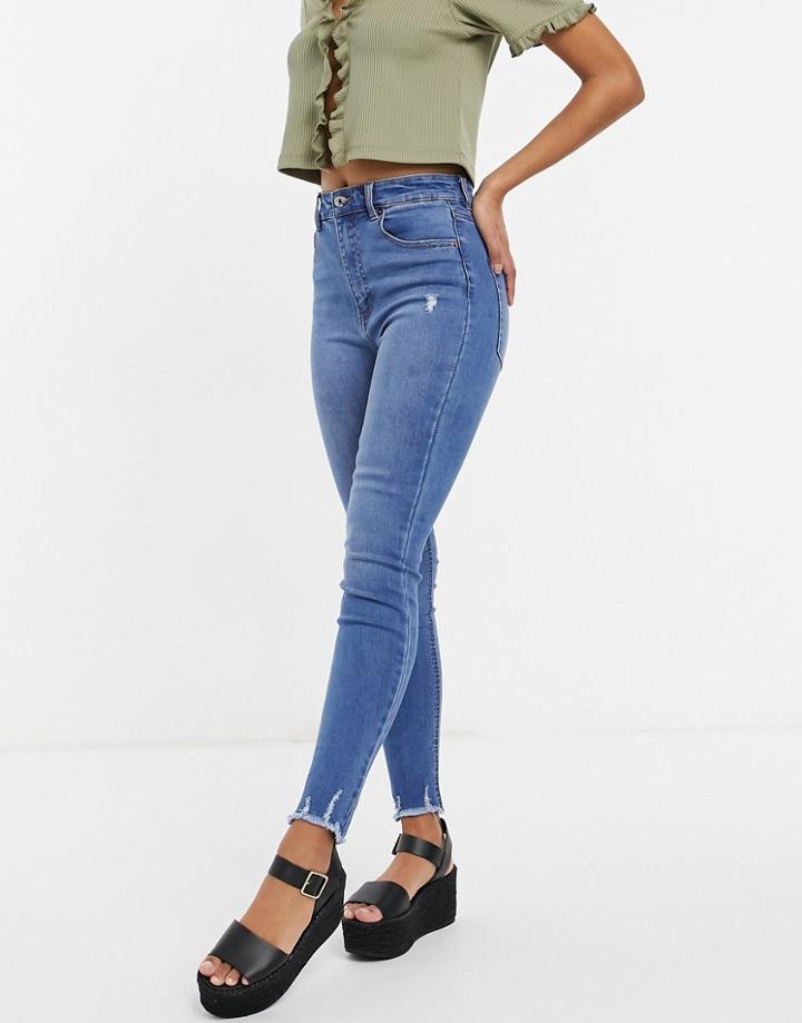 Pull & Bear High Waist Skinny Jeans In Mid Wash-blues