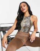 Missguided Faux Leather Racer Tank Top In Brown Snake Print