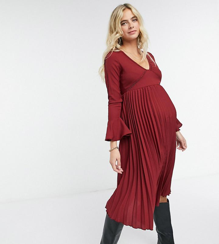 Asos Design Maternity Pleated Midi Dress With Lace Inserts In Oxblood-red