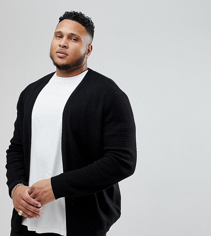 Asos Plus Cable Knit Cardigan With Rib Detail - Black