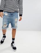 Asos Design Drop Crotch Denim Shorts With Extreme Rips In Vintage Blue Wash - Blue